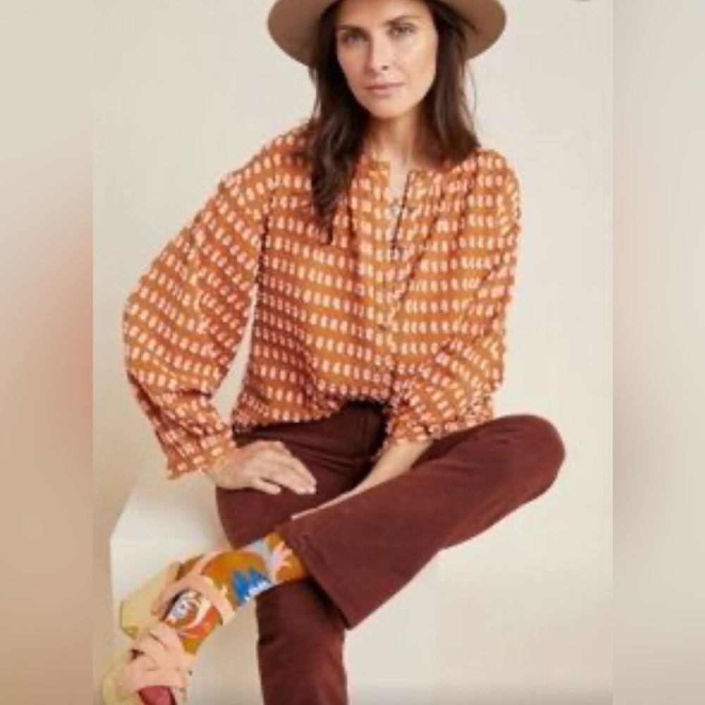 Anthropologie Brown White Polka Dot Peasant Blouse Size Medium